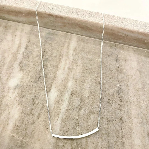 925 Sterling Silver Bar Necklace Curve Bar Necklace Dainty Minimalist Necklace - Picture 2 of 4